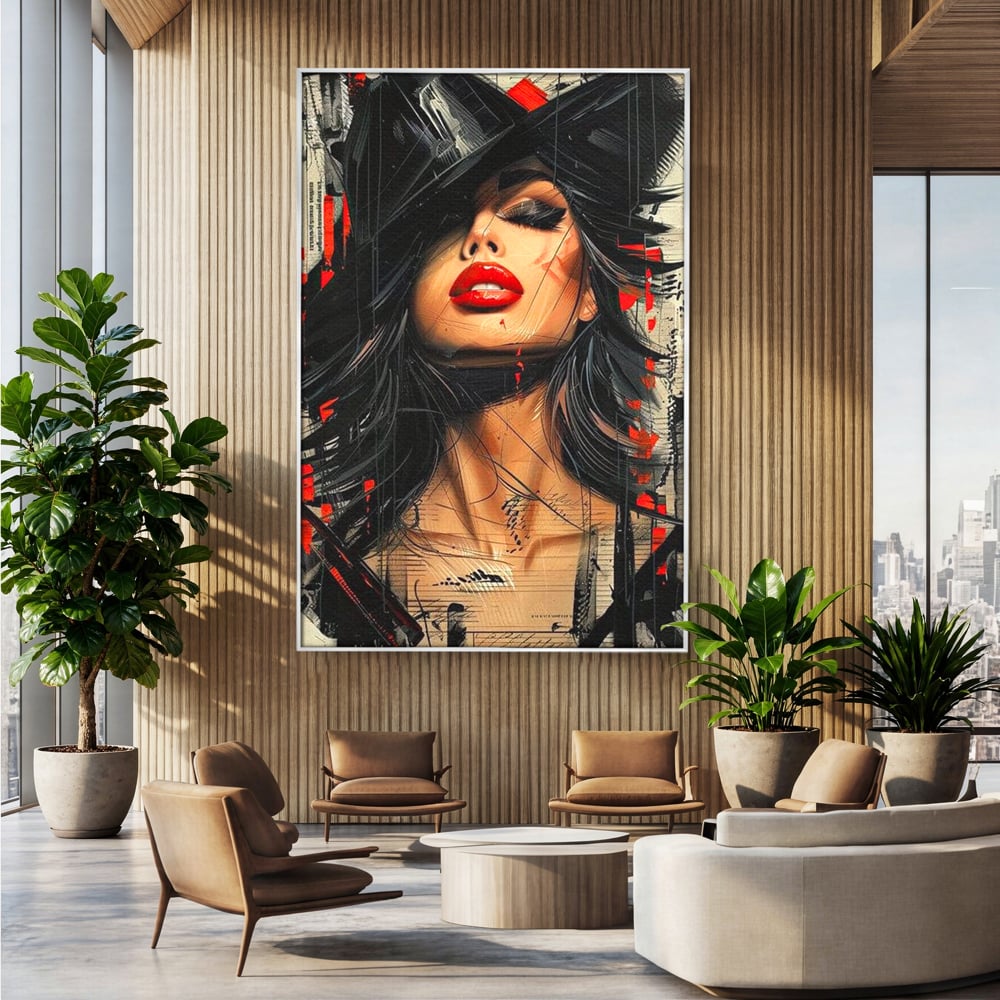 Tablou canvas cu tablou canvas cu portret stilizat de femeie, in rama de aluminiu argintiu, pe perete intr-un birou